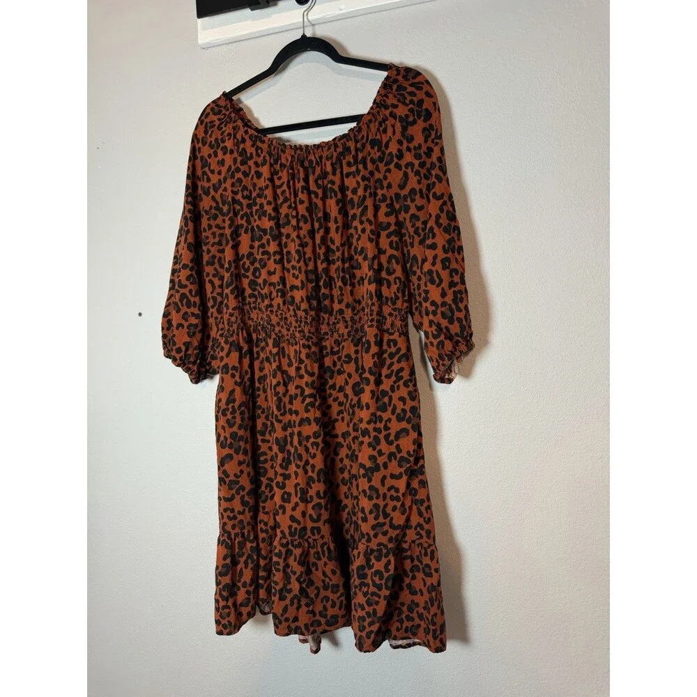 Knox Rose Smocked Leopard A-Line Dress XXL Knee Length Brown Black Cheetah